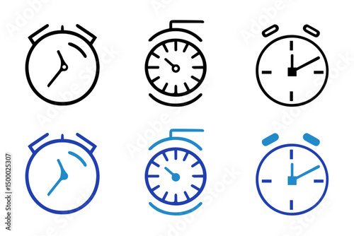 Timers and clock solid and line icon set. Time clocks icons in thin line style. Icons related to clock, stopwatch, hourglass, alarm and more. Vector illustration