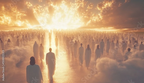 Celestial procession toward a golden light