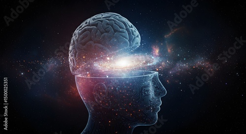 Human head with galaxy inside and brain floating above against a dark space background art