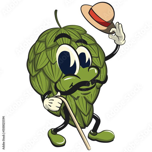 vintage hops vektor illustration mascot character carrying a stick and saluting with raised hat, work of hand drawn