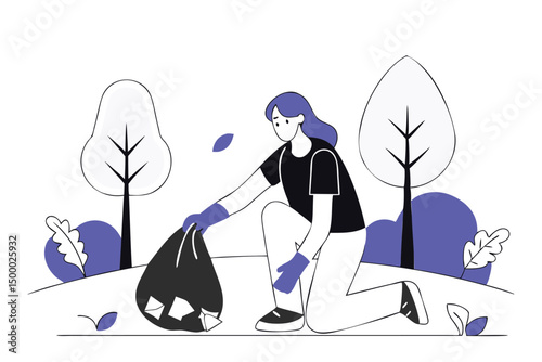 Eco-activist woman collecting litter outdoors sustainability volunteer work, clean planet vector art