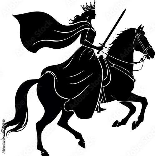 illustration of the king's daughter riding a horse with a sword is very elegant vector silhouette