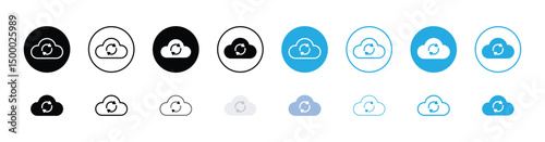 Cloud Sync Icon Set – Flat, Line, and Filled Styles in Black and Blue Variants for Web and App UI"