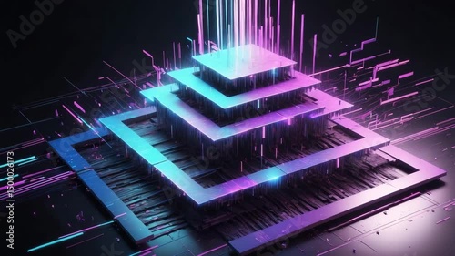 3d render of abstract technological structure with glowing neon lines on dark background