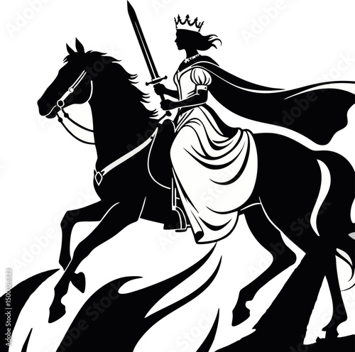 illustration of the king's daughter riding a horse with a sword is very elegant vector silhouette