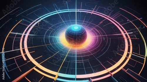 Abstract digital sphere surrounded by futuristic glowing lines and circular shapes on dark backdrop