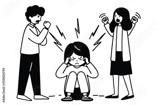Upset child scared between angry parents fighting - emotional family conflict vector illustration
