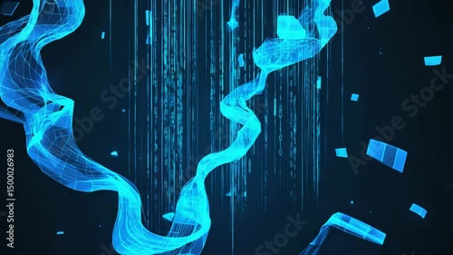 Abstract futuristic digital visualization depicting flowing energy lines and geometric shapes on a dark blue background