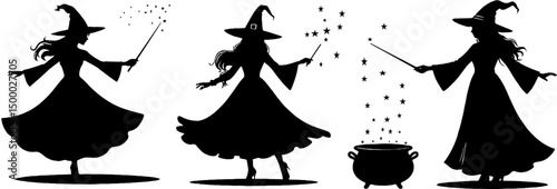 Silhouette set of halloween witches casting spells, in black, isolated