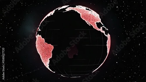 Animated illustration of a red glowing earth with a grid overlay rotating against a starry background