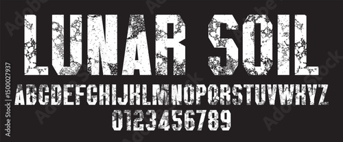 Chopped simple font on the theme of urbanism, stone, granite. Set of letters and numbers of the latin alphabet. Lunar soil. no AI used