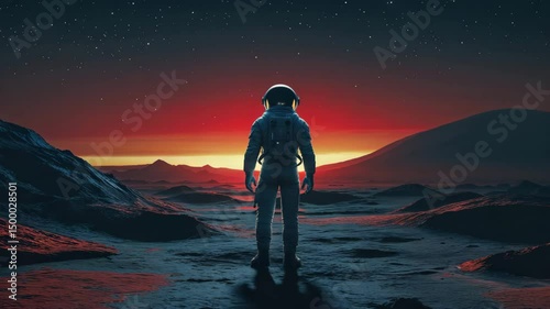 Astronaut stands observing the alien landscape beneath a starry sky and fiery atmosphere.