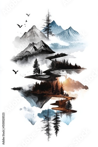 Collage of mountains and trees to use on T-shirt, sweatshirt., cup. Silhouette of the country with overlaid known places and landmarks.. Boho style.