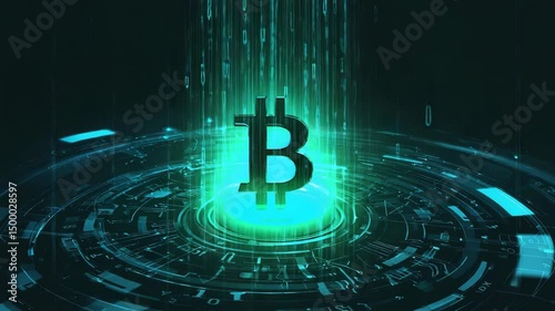 Bitcoin cryptocurrency symbol illuminated within a futuristic circuit board animation