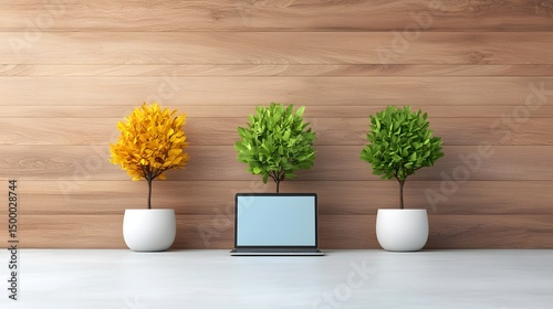 Minimalist remote work area with empty display and natural greenery