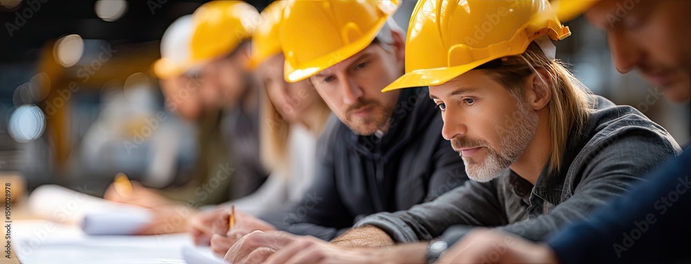 Obraz premium Group of construction workers in yellow hard hats review blueprints together outdoors under soft, warm light, surrounded by greenery