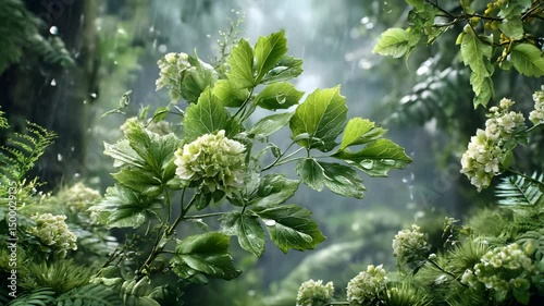 macro forest rain flora raindrops on green leaves and flowers, peaceful forest rain with green leaves, macro scene of raindrops on green leaves and flowers green healing nature closeup

