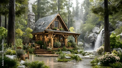 cozy cabin in forest rain cozy forest cabin in rain, rustic wooden house in forest with rain, peaceful rainy landscape with cozy forest cabin in rain rustic home in woodland retreat