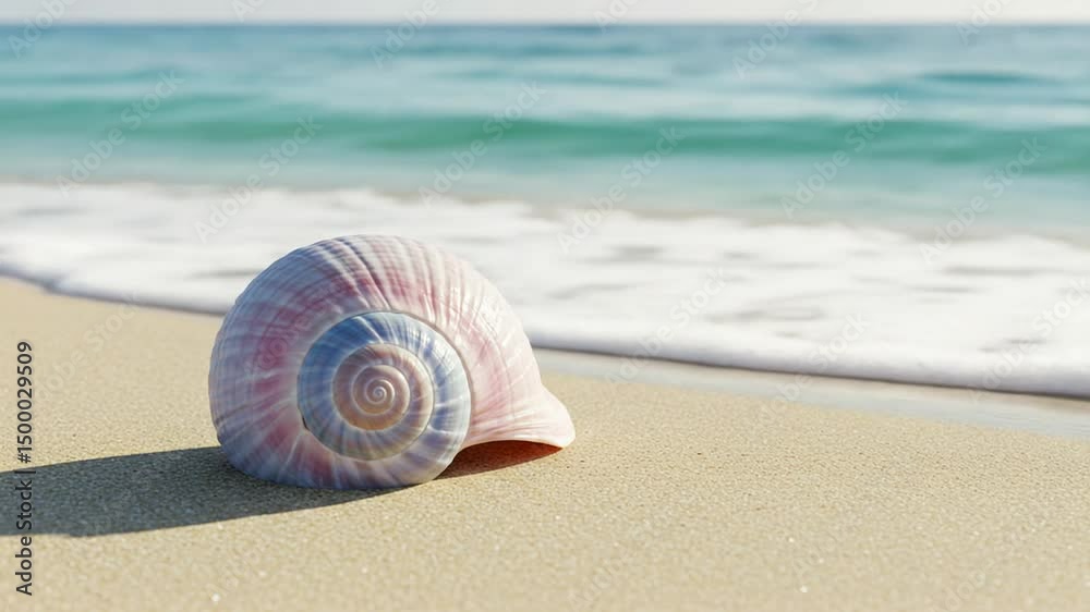 Beautiful spiral shell resting on sandy beach with gentle waves in background