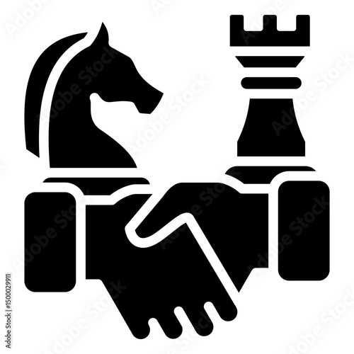 Strategic Deal - Glyph Black Fill Silhouette - Handshake with chess pieces, representing strategic partnership and business agreement