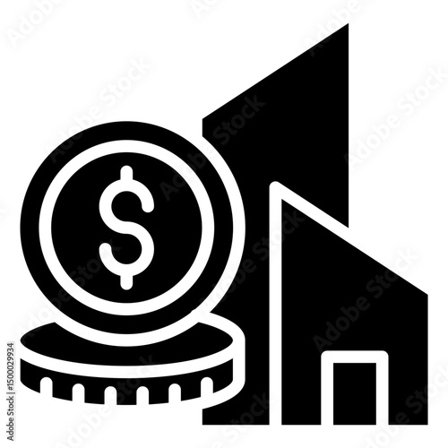 Venture Capital - Glyph Black Fill Silhouette - Building and coin with rising graph, symbolizing company scale-up and revenue increase