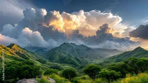epic clouds over green highlands towering clouds over green mountains, epic sunset sky with towering clouds, natural valley landscape with towering clouds over green mountains 