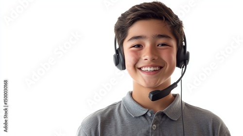 Inbound call representative, male, headset, supportive smile photo