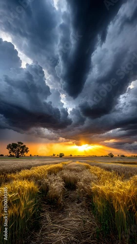 golden field under storm sky storm sunset over wheat field, dramatic clouds during storm over wheat field, golden sunset and storm over wheat field rural sunset storm contrast