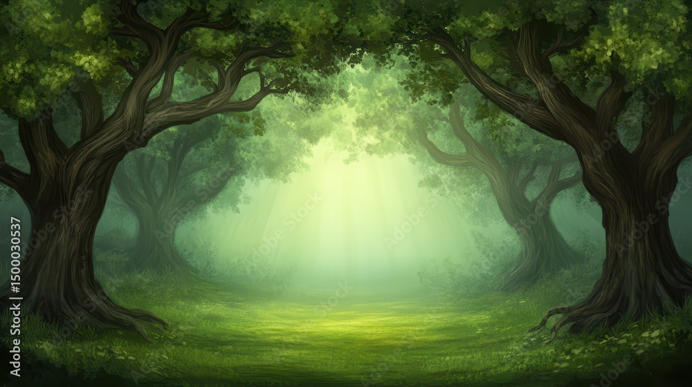 Fototapeta premium Enchanted forest path, a journey to the light through majestic trees and lush greenery