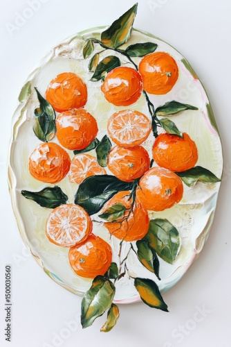 Texture with orange on white background. Pattern of fruits with yellow, orange and green colors.