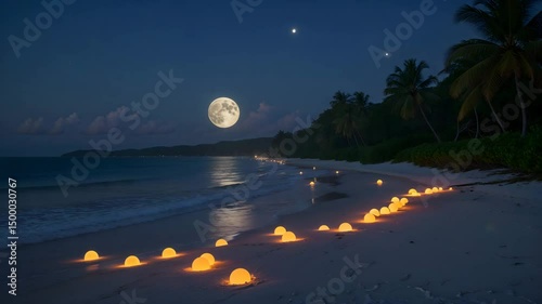 Peaceful beach scene illuminated by glowing orbs under a full moon with calm ocean waves