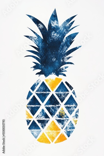 Collage of Pineapple on white background. Watercolor texture of fruits with yellow and blue colors.