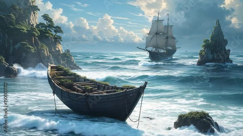 Scenic ocean waves with two boats amidst picturesque rock formations and a sailing ship.