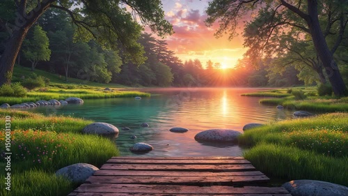 Serene lake scene with a golden sunrise and lush green surroundings captivating the viewer