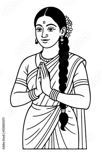 Line Art of Ancient Indian Woman in Namaste Pose with Traditional Saree and Floral Braid