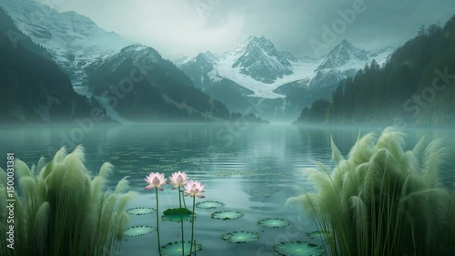 Serene landscape with pink lotus flowers and snow capped mountains reflected in tranquil lake waters
