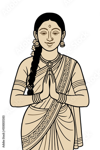 Line Illustration of Traditional Indian Woman Greeting with Joined Hands