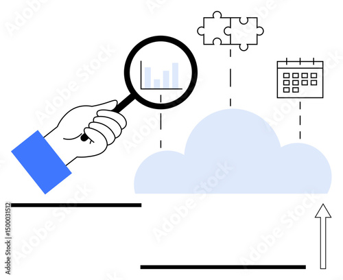 Hand holding magnifying glass over cloud with graph, puzzle piece, and calendar. Ideal for data analysis, cloud integration, project management, teamwork, system optimization, planning tools simple
