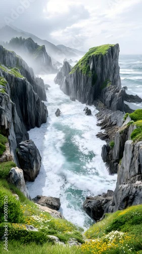 wild coastal cliffscape with ocean waves dramatic sea cliffs with crashing waves, coastal flower view above dramatic sea cliffs, scenic nature perspective on dramatic sea cliffs epic sea edge 