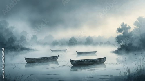 Tranquil lakeside scene featuring boats resting in calm waters during a misty sunrise or sunset