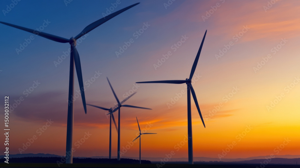 Fototapeta premium Tall wind turbines dominate the horizon, turning gracefully in the breeze as a vibrant sunset bathes the sky in warm hues. This tranquil scene showcases renewable energy's beauty
