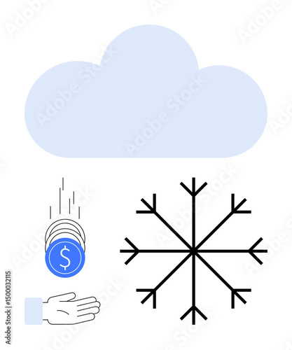 Blue cloud above, coins descending to an open hand, and a snowflake symbol. Ideal for finance, weather, economy, savings, cloud computing, seasonal planning and a simple landing page