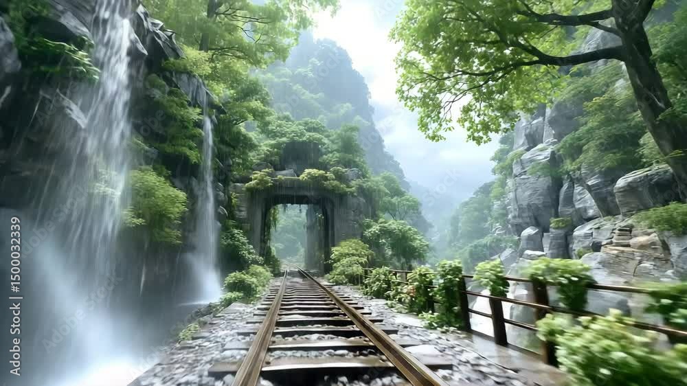 cinematic railway through rainy forest scenic railway through rainy mountains, cinematic forest rain railway escape, lush nature trail scenic railway through rainy mountains poetic train journey 