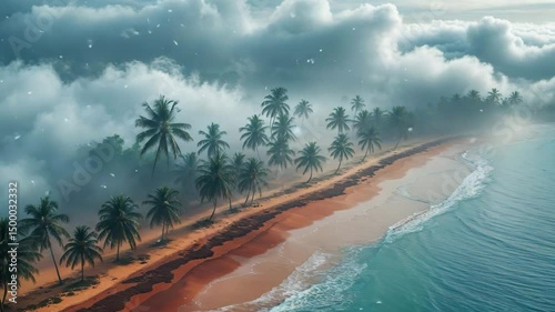 Tropical beach with palm trees and misty clouds offers a serene aerial view of paradise