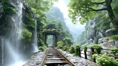 cinematic railway through rainy forest scenic railway through rainy mountains, cinematic forest rain railway escape, lush nature trail scenic railway through rainy mountains poetic train journey 
