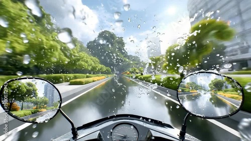 cinematic scooter ride through rainy eco-city POV scooter ride in green rainy city, fresh rain motorcycle ride urban greenery, cinematic urban ride POV scooter ride in green rainy city 