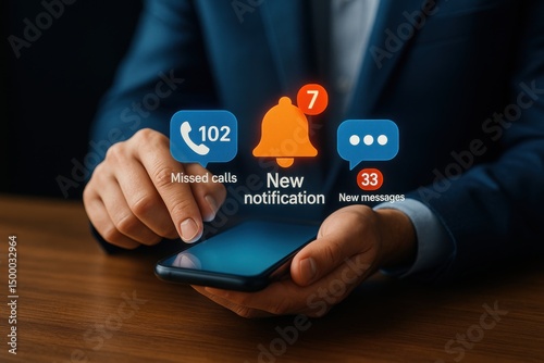 Checking Notifications: A businessman checks his smartphone, notifications of missed calls, new messages, and new notifications pop up on the screen.