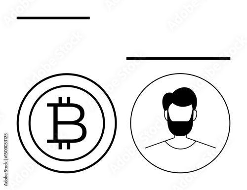 Bitcoin logo inside a circle alongside a user profile icon with a beard. Ideal for cryptocurrency, blockchain, finance, identity verification, technology, fintech, digital wallets. Flat simple