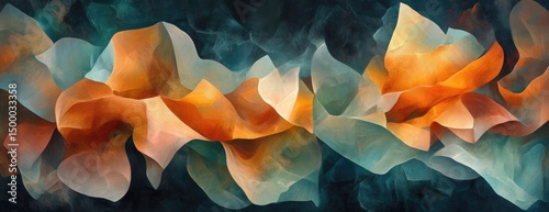 Abstract painting of flowing, layered forms in warm earthy tones and cool teal
