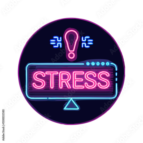 Glowing neon stress sign with flickering exclamation 